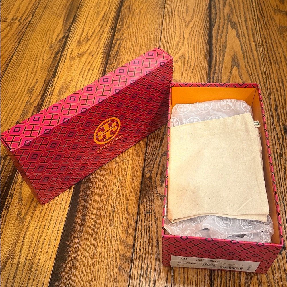 NEW Tory Burch Pink and Orange Geometric Box With Tissue and Ecru Dust Bag